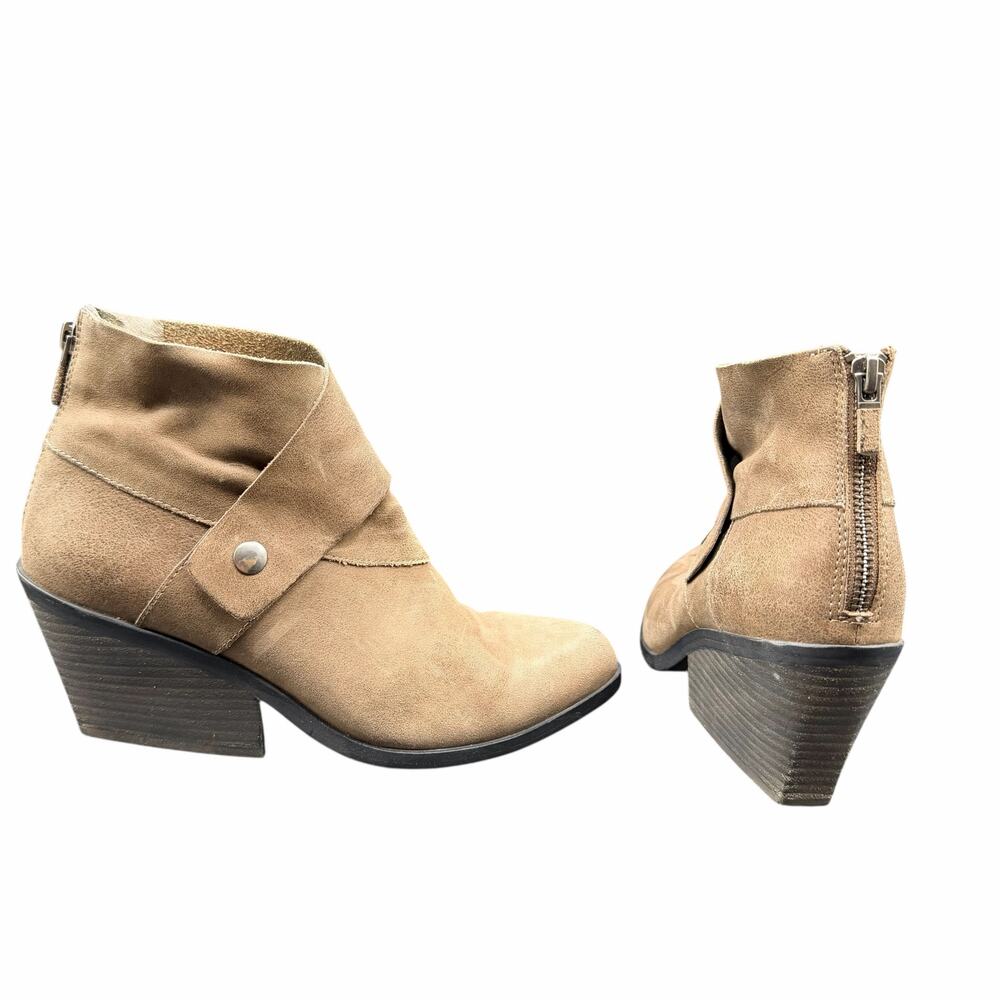 Eileen Fisher Suede Ankle Boots 7.5 Taupe Block Heel Zip Booties